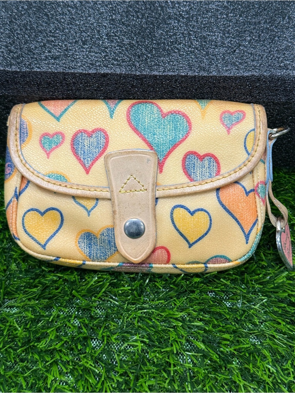 Vintage Y2K Dooney & Bourke Rainbow Doodle Hearts Small Flap Wristlet Pouch